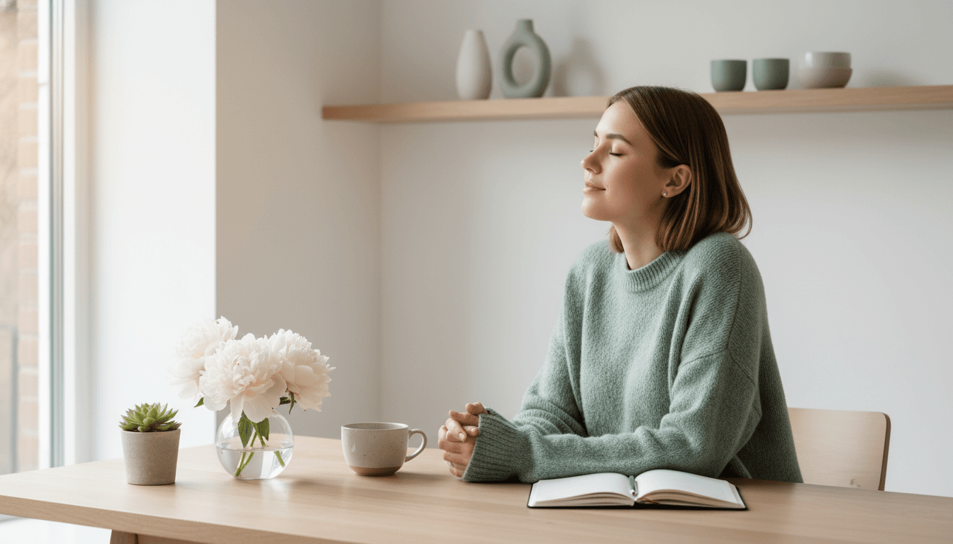 Femme gérant son stress au travail dans un moment de calme