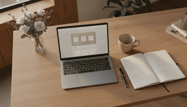 ordinateur portable sur un bureau en bois avec une tasse de café et un carnet