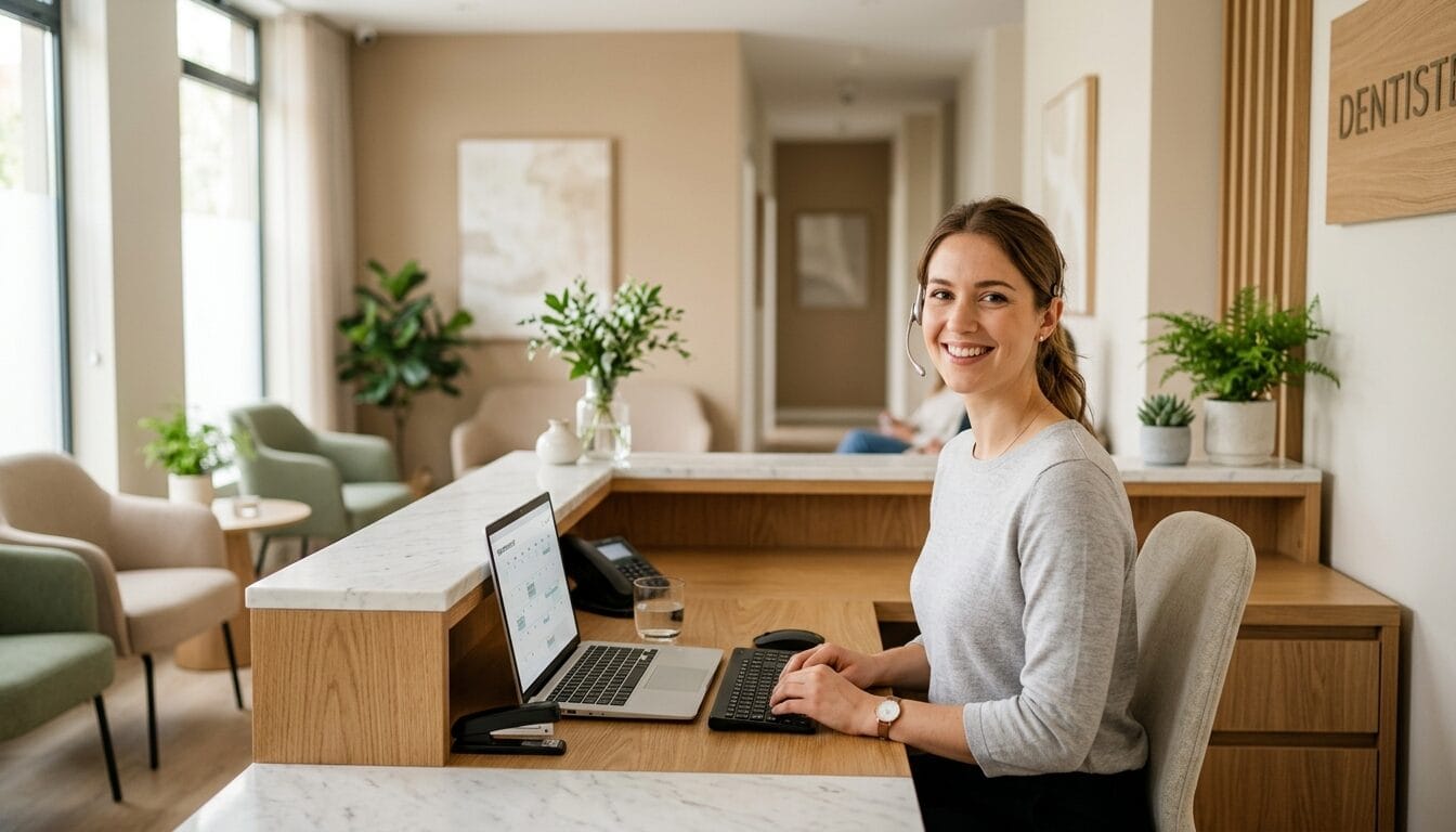 Secretaire dentaire a la reception d une clinique dentaire au Quebec