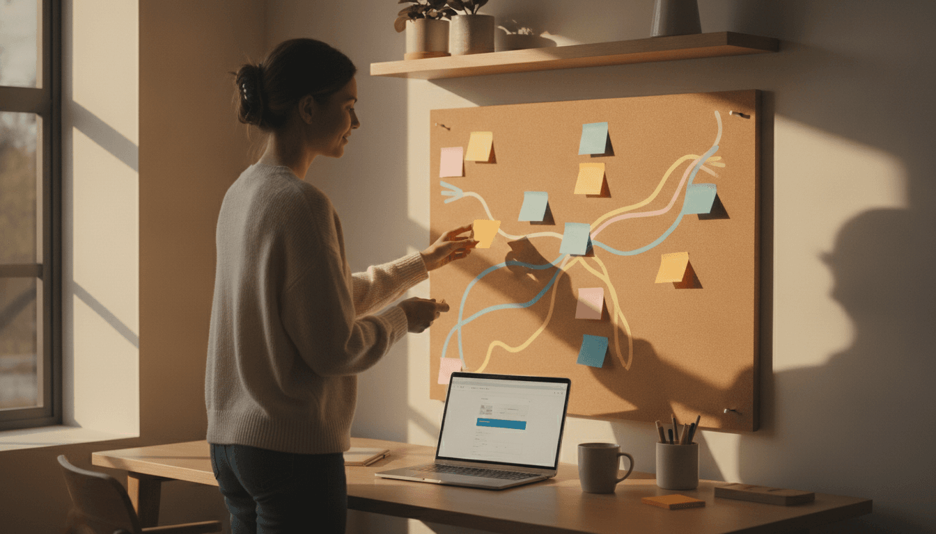 Jeune femme organisant des notes sur un tableau en liège dans un bureau lumineux