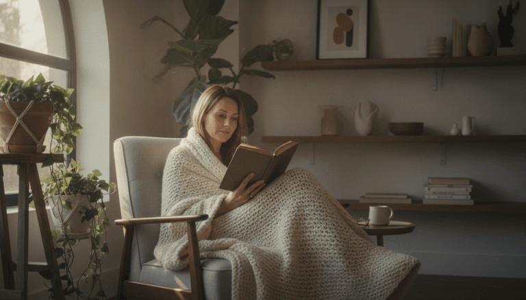 Une femme emmitouflée dans une couverture lit un livre dans un fauteuil confortable