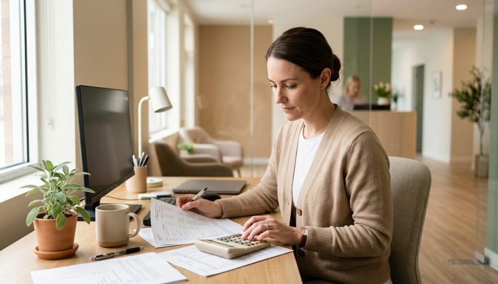 Secretaire dentaire examinant des documents administratifs a son bureau