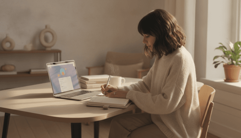 Jeune femme concentrée travaillant sur ordinateur portable dans un bureau lumineux